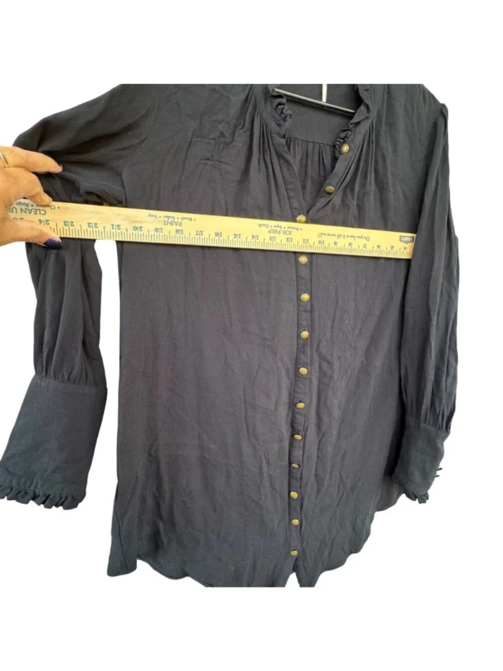 Free People Womens Medium Black Long Sleeve Button Up Ruffle Tunic Blouse Top